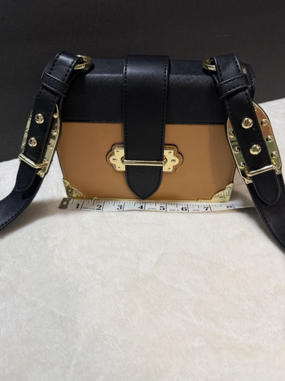 INZI Black and Tan Structured Shoulder Bag with Gold Hardware